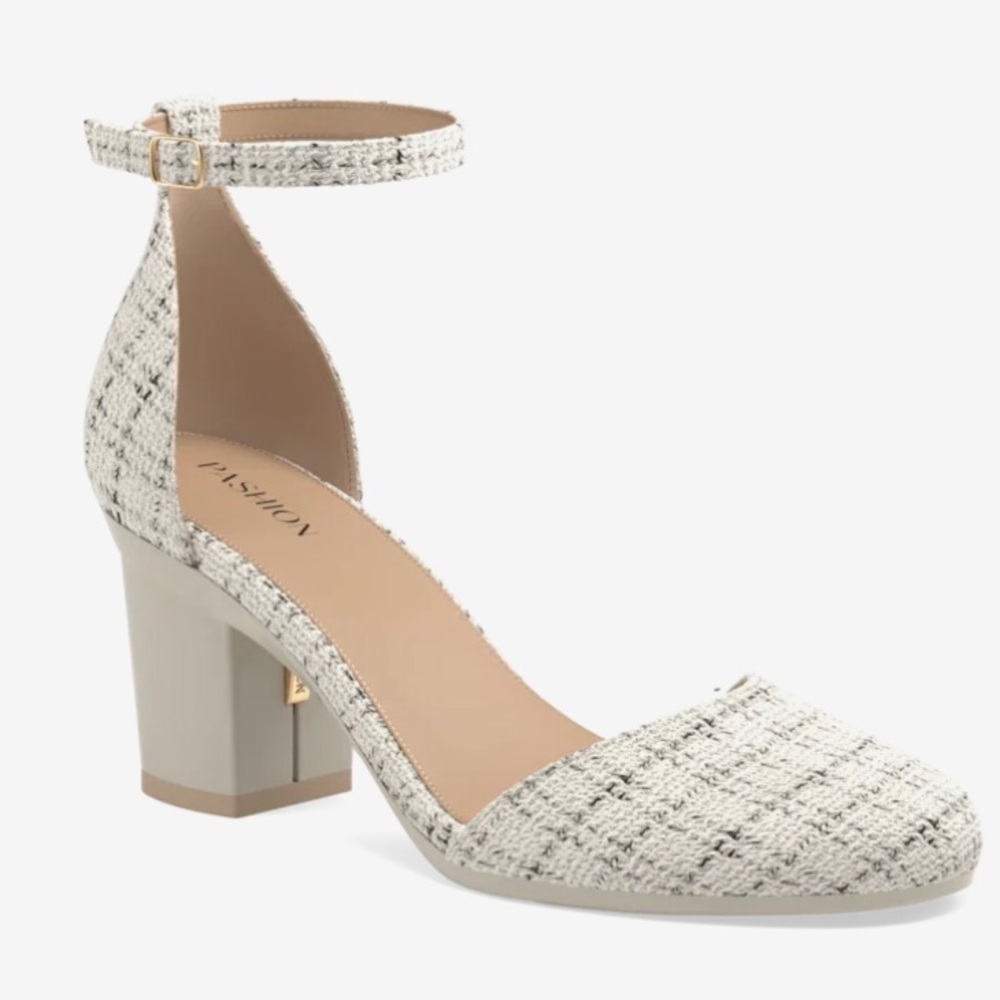 Pashion footwear- the Jocelyn- bone tweed- 3”block- 8.5